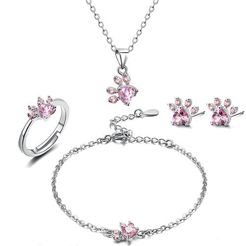 Set di gioielli Paw per donna – 4 pezzi | Oro rosa con cuore in zirconia – Anello, collana, orecchini e bracciale