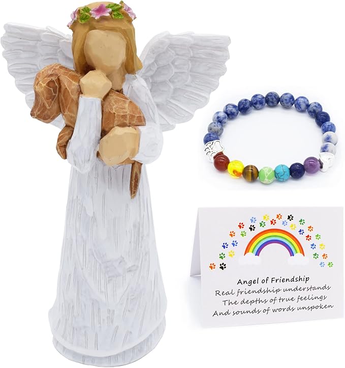Set regalo commemorativo per cani con statuetta dell'angelo dell'amicizia e braccialetto Chakra Rainbow Bridge