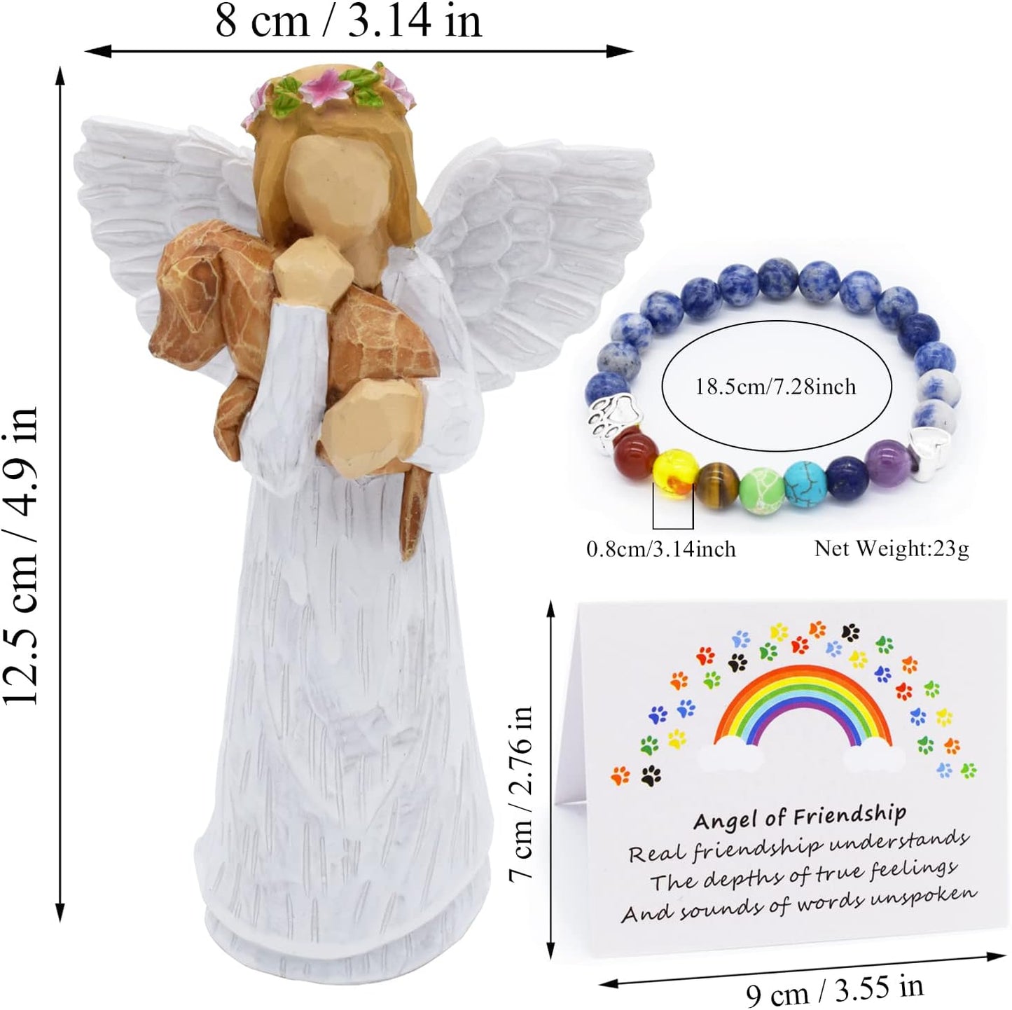Set regalo commemorativo per cani con statuetta dell'angelo dell'amicizia e braccialetto Chakra Rainbow Bridge