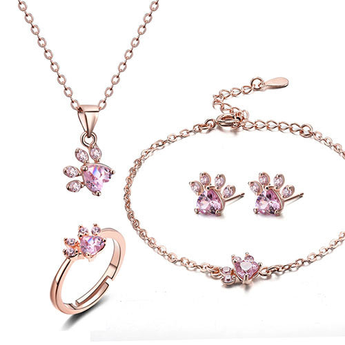 Set di gioielli Paw per donna – 4 pezzi | Oro rosa con cuore in zirconia – Anello, collana, orecchini e bracciale