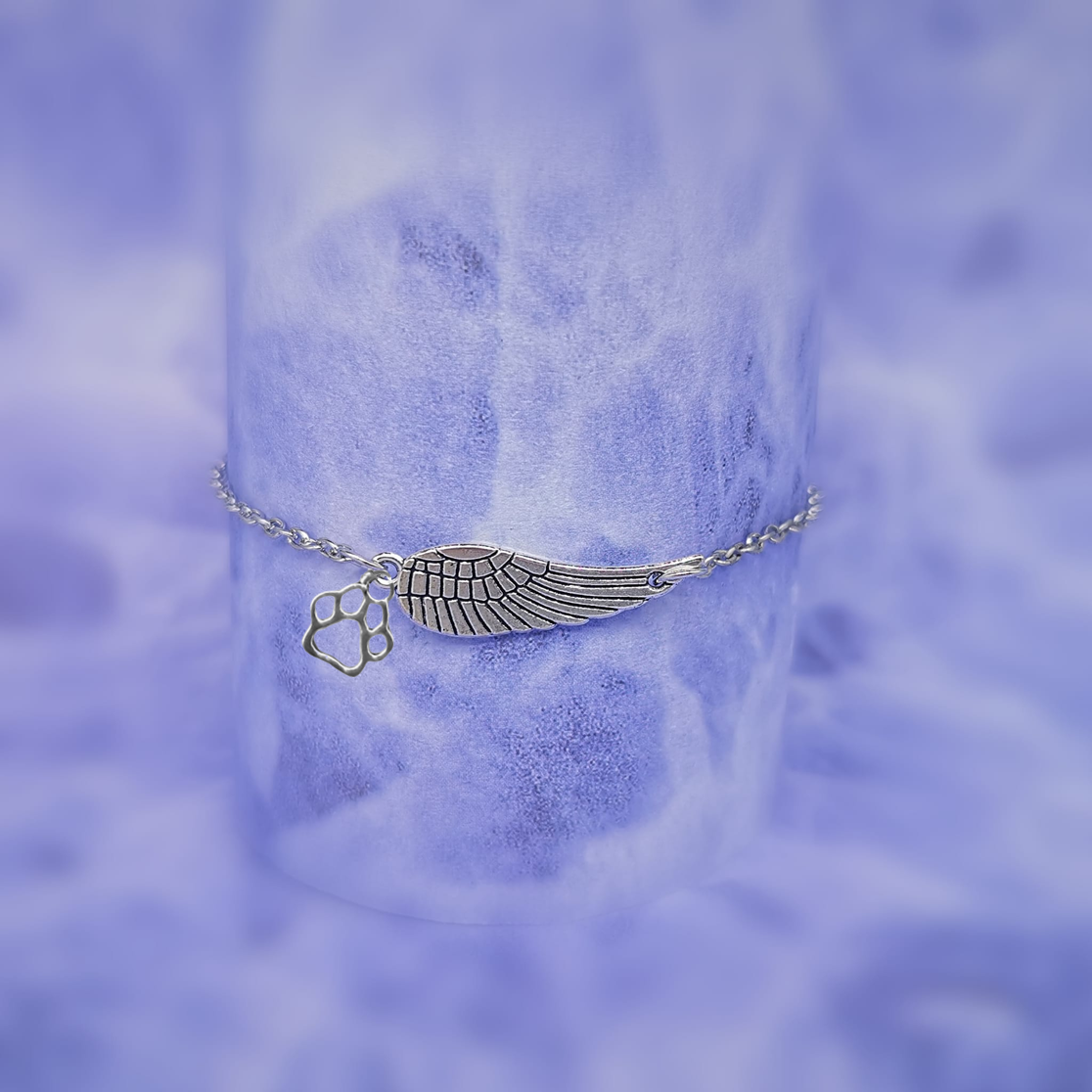 Bracciale commemorativo in argento con ali d'angelo e impronta di zampa | Fatto a mano