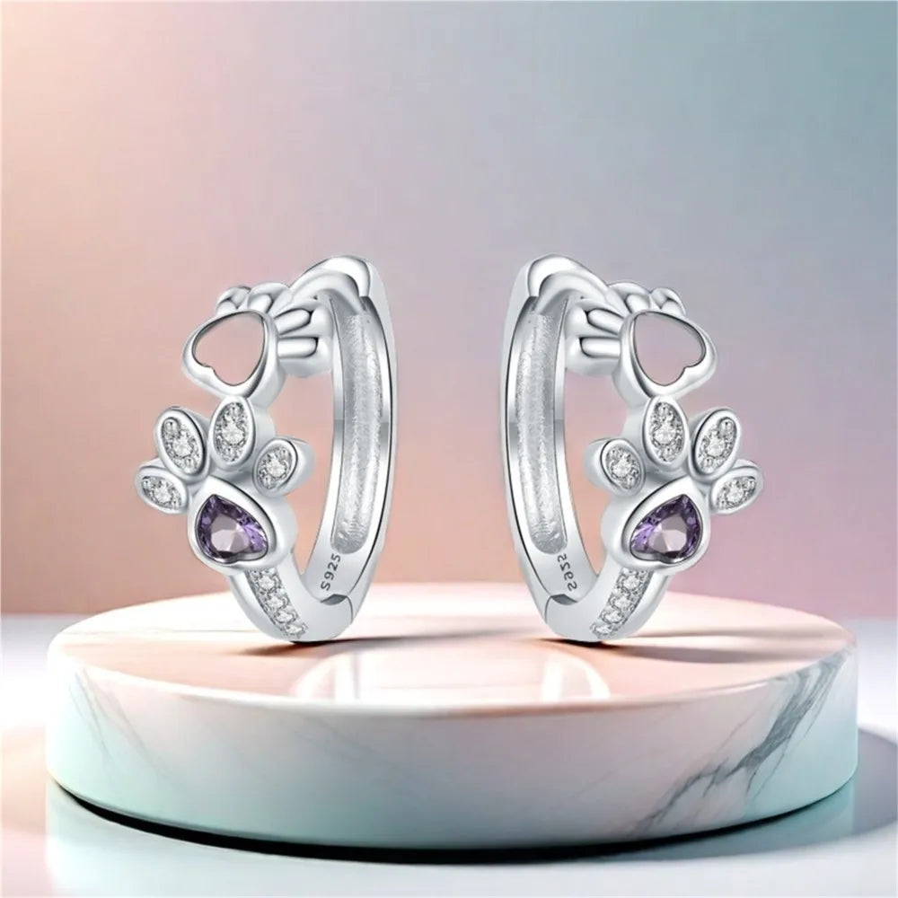 Orecchini Paw Huggie in argento sterling 925 – Con zirconi e gemma a forma di cuore