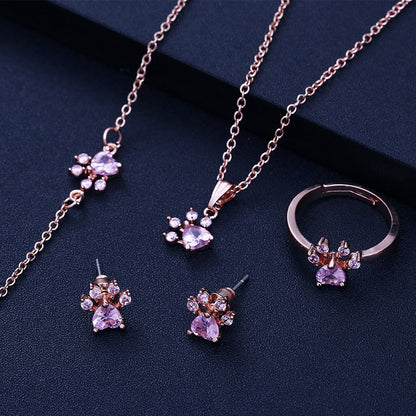 Set di gioielli Paw per donna – 4 pezzi | Oro rosa con cuore in zirconia – Anello, collana, orecchini e bracciale